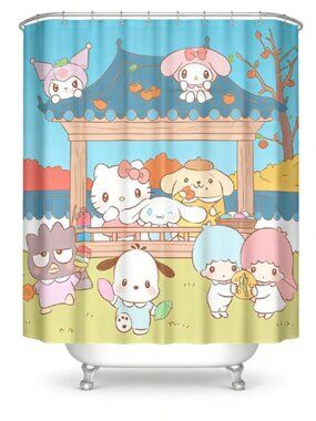 Cute Cartoon Characters Shower Curtain with 12 Hooks Included 59" × 71"